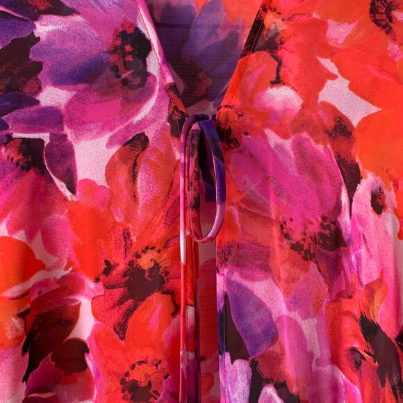 Catalina Pink and Red Floral Swimsuit Cover Up Fringe Cardigan Kimono Size L - Picture 10 of 16